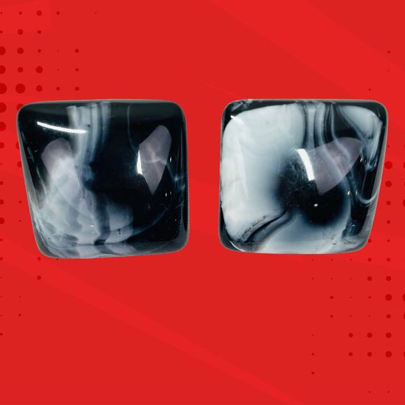 Vintage 80s Earrings Clip On Earrings Black White Marbled Vintage Modern Chunky - Picture 1 of 6